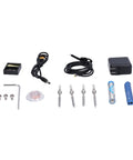 Top Tier Jauarta Mini Electric Soldering Iron Kit With Power Adapter Plus 4 Interchangeable Tips For Welding Work At Any Time Using USB Power Supply In Cool Blue Color layout with cables and tips.