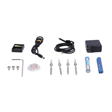 Top Tier Jauarta Mini Electric Soldering Iron Kit With Power Adapter Plus 4 Interchangeable Tips For Welding Work At Any Time Using USB Power Supply In Cool Blue Color layout with cables and tips.
