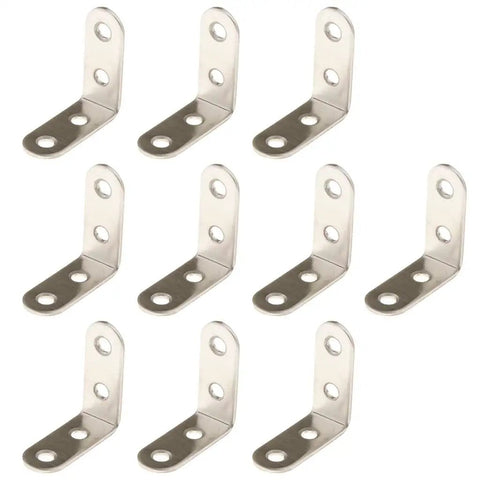 10 Pieces L Shaped Corner Brackets Set for Shelves and Frames, 40x40x16mm Right Angle Fasteners arranged in rows.
