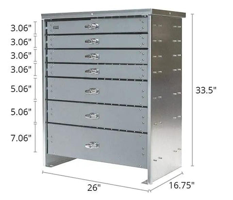 7 Drawer Heavy Duty Steel Toolbox For Trucks Featuring Dang Sturdy 500 Pound Drawer Slides And Tough As Nails Construction For Bad Ass Tool Organization Daily Work side view with dimensions.