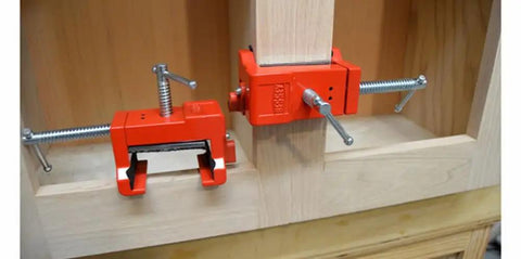 Red Cabinetry Face Frame Clamp For 1.5 To 2 Inch Stiles Keeps Stiles Flush For Drilling And Fastening Hardened Bushing in use