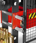 Close-up of the Beefy 30 Ton H Frame Air Hydraulic Shop Press With Hand Winch And Pin Kit, showing steel frame and safety guard.