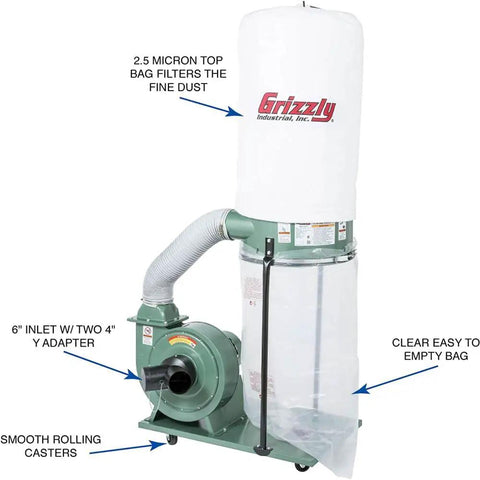 1-1/2 HP Portable Dust Collector For The Shop, 1300 CFM Airflow, 9 Inch Static Pressure, 6 Inch Inlet With Dual 4 Inch Openings