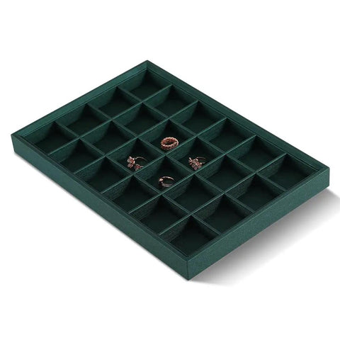 Top Tier PU Leather Jewelry Display Tray Featuring Twenty Four Secure Grid Slots For Rings Earrings And Brooches with five rings