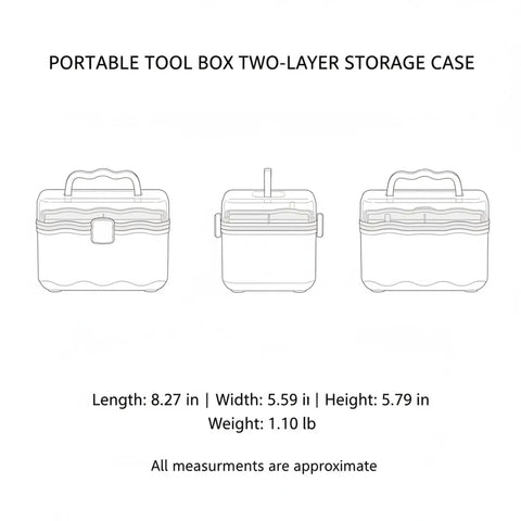 Diagram of Portable Two Layer Tool Box with Handle, 8.27x5.59x5.79 inches, showing three views for small parts storage.