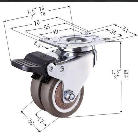 Four Piece Set Of Two Inch Brake Swivel Caster Wheels That Roll Slick And Dead Quiet On Hardwood Or Tile Heavy Duty Silent Furniture Casters With Lock Tight Rollers for carts, dimensions shown.