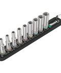 Deep One Quarter Inch Drive Nine Piece Socket Set On Durable Textile Belt With Smooth Twist Unlock, featuring hex profile in various sizes.