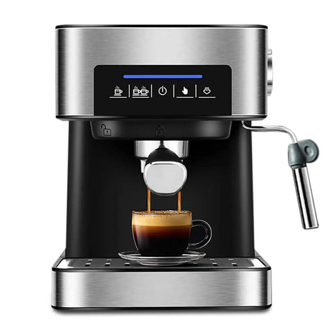 Top Shelf 20 Bar Semi Automatic Espresso Coffee Maker With Reliable Milk Frother Wand And Quick Fill Water Tank For Smooth Sipping Vibes Right On Your Kitchen Counter Daily brewing espresso into a glass cup.