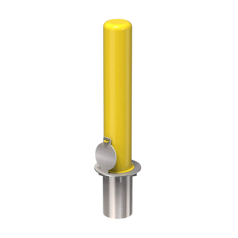 4X36 Inch Badass Removable Bollard With Embedment Sleeve Powder Coated Yellow Carbon Steel, featuring padlock sleeve for security.