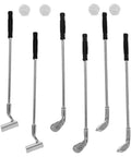 Alloy Mini Golf Club Set With Six Clubs And Four Balls For Dollhouse Dioramas And Display Scenes, silver and black finish.