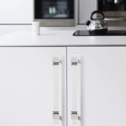 Kitchen installation of 10 Pack 5 Inch Center To Center Adjustable Cabinet Handles Modern Drawer Pulls With Square Acrylic Tube And Zinc Alloy Base Polished Chrome Finish.