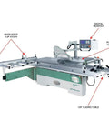 14 Inch 10 HP Three Phase Sliding Table Saw With DRO CNC Fence showcasing digital readout, power fence, and sliding table.
