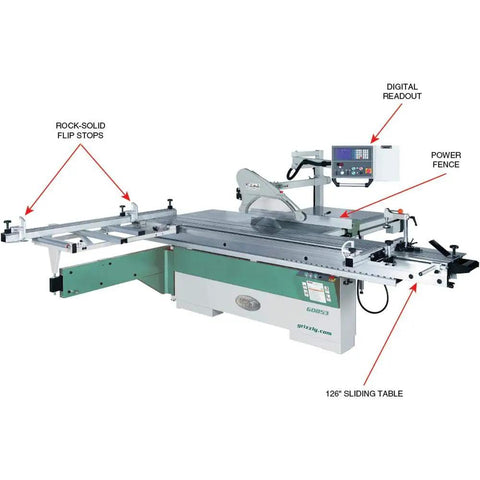 14 Inch 10 HP Three Phase Sliding Table Saw With DRO CNC Fence showcasing digital readout, power fence, and sliding table.