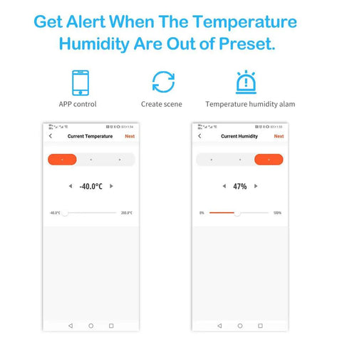 App interface for 4 Channel 85-250V DC Tuya WiFi Smart Temperature And Humidity Relay Switch alert feature.