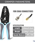 Coaxial Ratchet Crimping Tool Kit With Five Replaceable Jaws For RG Cable And RF Connectors, ergonomic grip, crimper dimensions shown