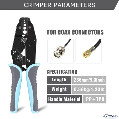 Coaxial Ratchet Crimping Tool Kit With Five Replaceable Jaws For RG Cable And RF Connectors, ergonomic grip, crimper dimensions shown