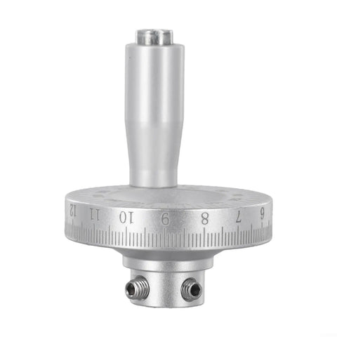 Top Shelf Aluminum Mini Handwheel, Rock Solid Manual Dial, Dead On Engraved Scale, 50Mm Slide Control For CNC Lathes And Shop Milling Tools, Slick Silver Finish, 8Mm Bore view from the side showing silver finish and engraved scale.