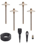 Image of G2 12V Brass Path Light 4 Pack Kit With 3W 2700K Warm White G4 LED Bulbs and accessories, including wire and stakes.