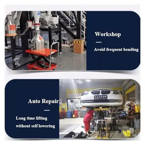 Rock Solid Portable Hydraulic Scissor Lift Table With Smooth Roll Design Hitting 66 Inches in workshop and auto repair settings.