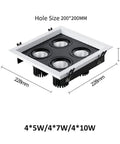 Six Pack Adjustable Four Head Gimbal Downlight Canless Recessed LED Wafer Spotlight Retrofit with dimensions 228x228mm.