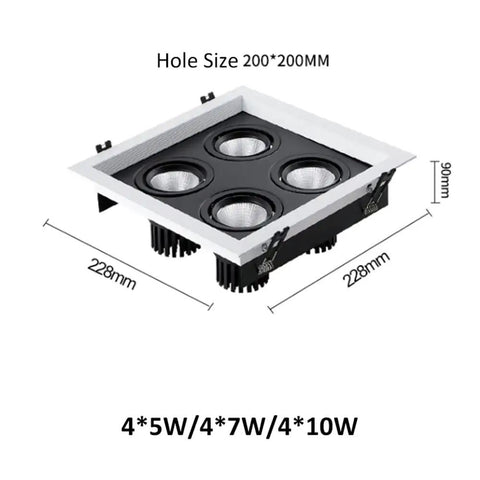 Six Pack Adjustable Four Head Gimbal Downlight Canless Recessed LED Wafer Spotlight Retrofit with dimensions 228x228mm.