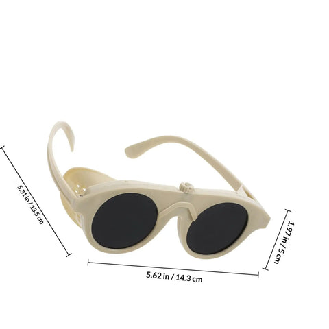 Built Tough Welding Glasses And Protective Goggles For Industrial Grinding, beige plastic frame with black lenses.