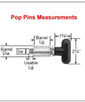 Pop pin measurements diagram showing heavy duty spring loaded pull pin with 3/8 inch plunger and dimensions.