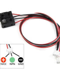 5 Piece Infrared Break Beam Sensor Kit With 5mm Emitter And Cable Options For 30cm, 50cm And 100cm, shown with connector wiring diagram.
