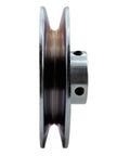 Side view of Single Groove V Belt Pulley 4.5 Inch Diameter Five Eighth Inch Bore Heavy Duty Motor Pulley Carbon Steel 1020 Zinc Plated