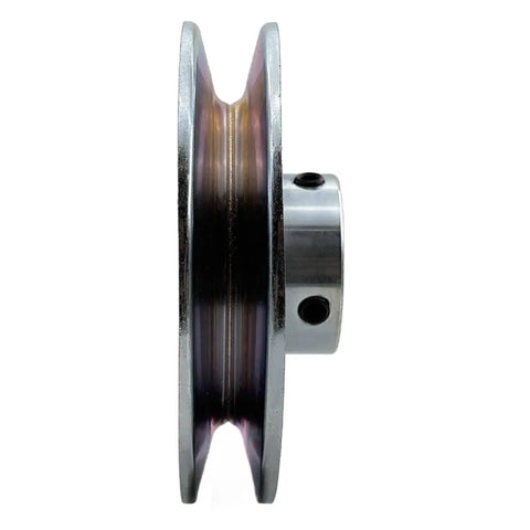 Side view of Single Groove Web Pulley For V Belt Drive 4.5 Inch Outside Diameter Seven Eighths Inch Bore Carbon Steel Zinc Plated