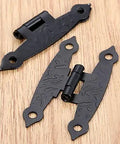 Two Pack Antique Black H Hinges For Cabinets And Boxes, Vintage Style Zinc Alloy With Screws, shown on a wooden surface.