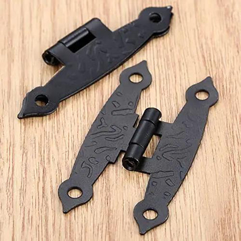 Two Pack Antique Black H Hinges For Cabinets And Boxes, Vintage Style Zinc Alloy With Screws, shown on a wooden surface.