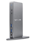 Top Shelf Aluminum USB C Docking Station With Dual 4K HDMI And DisplayPort For Thunderbolt 3 Laptops, sleek grey design, multiple USB ports.