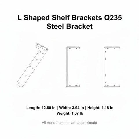 Diagram of Heavy Duty L-Shaped Steel Bracket for Floating Shelves and Wall Cabinets with measurements and weight in Q235 steel.