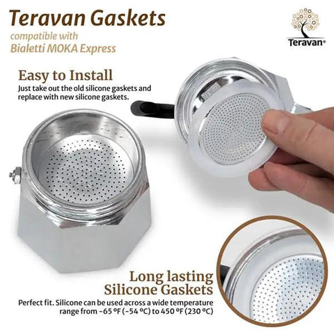 Replacement Silicone Gasket Kit For Bialetti Moka Express 12 Cup Includes Three Gaskets And Filter Plate Fits 74 mm Inner Diameter And 90 mm Outer Diameter Keeps Your Espresso Pot Sealed And Brewing Strong, showing installation.