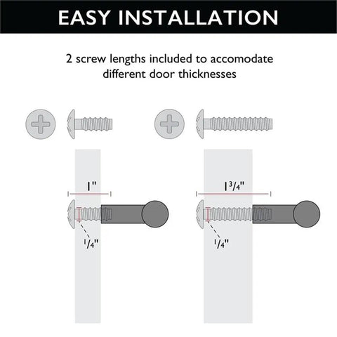 Easy installation guide for Hella Sleek Matte Black T Pull Cabinet Knobs with screw lengths for varying door thicknesses.