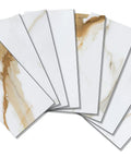 Calacatta Gold Marble Peel And Stick Backsplash Tiles 6 Inch By 3 Inch Self Adhesive PVC Subway Tile Kit set displayed in fan layout.