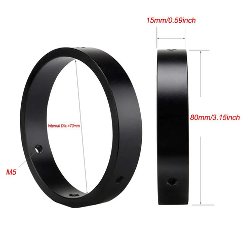 Guide Scope Ring Kit For Telescopes 43mm To 70mm, side and front view of metal tube ring with dimensions and mounting holes.