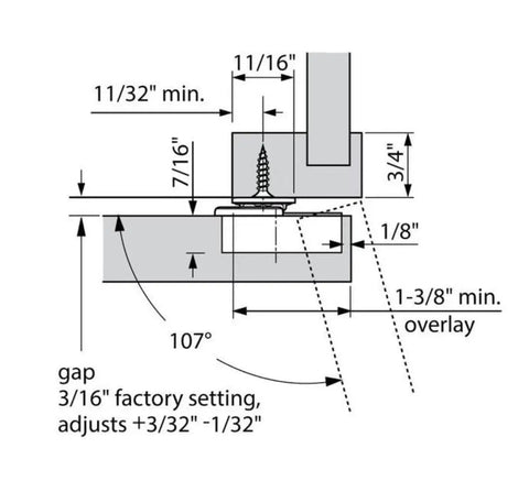 Diagram of Compact Face Frame Cabinet Hinge 107 Degree With Spring And Mounting Plate Includes Screws Pack Of 2 35mm Bore.