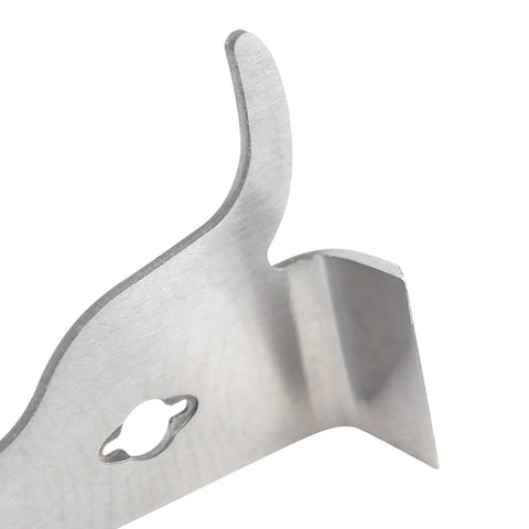 Close-up of J-Hook on 3-Piece Pro-Grade Hive Scraper Tools Set, polished stainless steel for hive cleanup and frame cleaning.