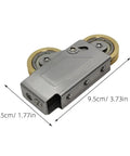 Heavy Duty Door Pulley And Sliding Roller Featuring Dual Copper Wheels Plus Precision Ball Bearings For Quiet Window And Patio Door Replacement Hardware That Works Like A Charm, shown at 9.5cm by 4.5cm.