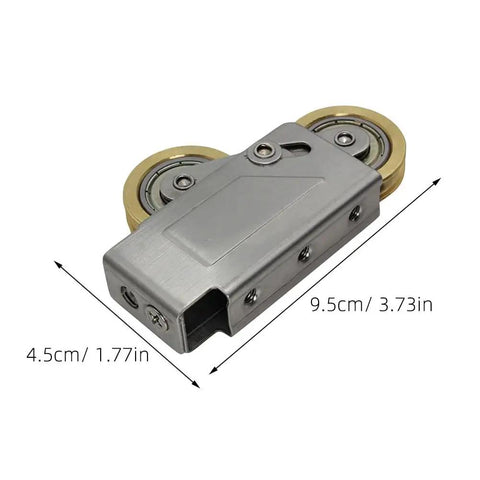 Heavy Duty Door Pulley And Sliding Roller Featuring Dual Copper Wheels Plus Precision Ball Bearings For Quiet Window And Patio Door Replacement Hardware That Works Like A Charm, shown at 9.5cm by 4.5cm.