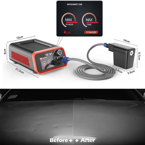 Beast 1500W Car Body Dent Repair Tool Kit with Magnetic Induction Heater, control panel, and before-after dent repair results.