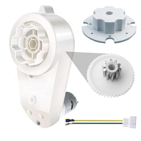 White Gearbox With 12 Volt RS550 40000 RPM High Speed Motor Upgrade Kit for kids' ride-on cars shown in detail.