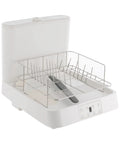 Portable Countertop Dishwasher With Rapid Wash Cycles And 360 Rotating Spray, white with stainless steel rack, freestanding design.