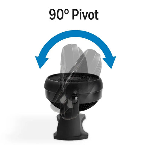 TurboForce Air Circulator Table Fan demonstrating 90-degree pivot feature, compact design for desk or floor cooling in small to medium rooms.