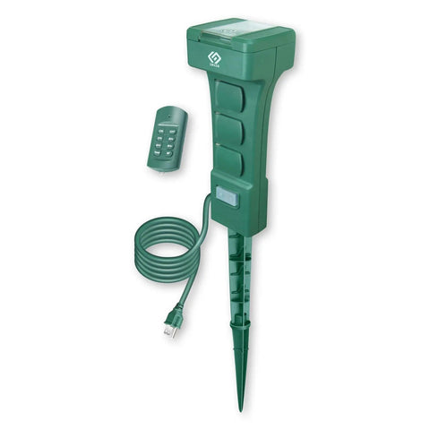 No Drama Outdoor Power Stake With Remote Control Photocell Timer showcasing six outlets and green design, ideal for outdoor use.