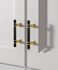 10 Pack 3 Inch Hole Center Cabinet Handles In Black And Gold Matte Finish, 5 Inch Overall Length, installed on white doors