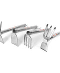 Two In One Stainless Steel Garden Hoe And Pickaxe Tool For Planting And Weeding, Lightweight Durable Hand Tool For Easy Yard Work, Portable Comfortable Grip For Home Gardens displayed with variations including rake and shovel designs.