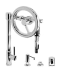 Contemporary Matte White Kitchen Faucet Set With Pull Down Sprayer Toggle Handles 4 Piece Sink Ensemble showing chrome finish and levers.